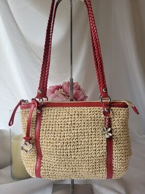 Brighton Woven Straw Shoulder Bag with Red Trim and Silver Details